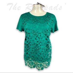 Ann Taylor Green Front Lace Layered Short-sleeve Shirt Size Medium